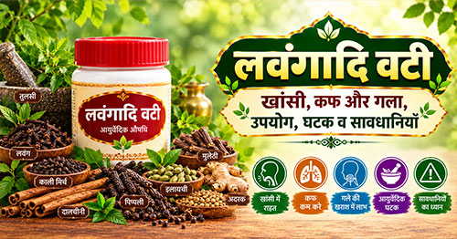 लवंगादि वटी की गोलियाँ, पास में सूखी लवंग की कलियाँ और शहद का छोटा कटोरा, सादी लकड़ी की सतह पर रखे हुए